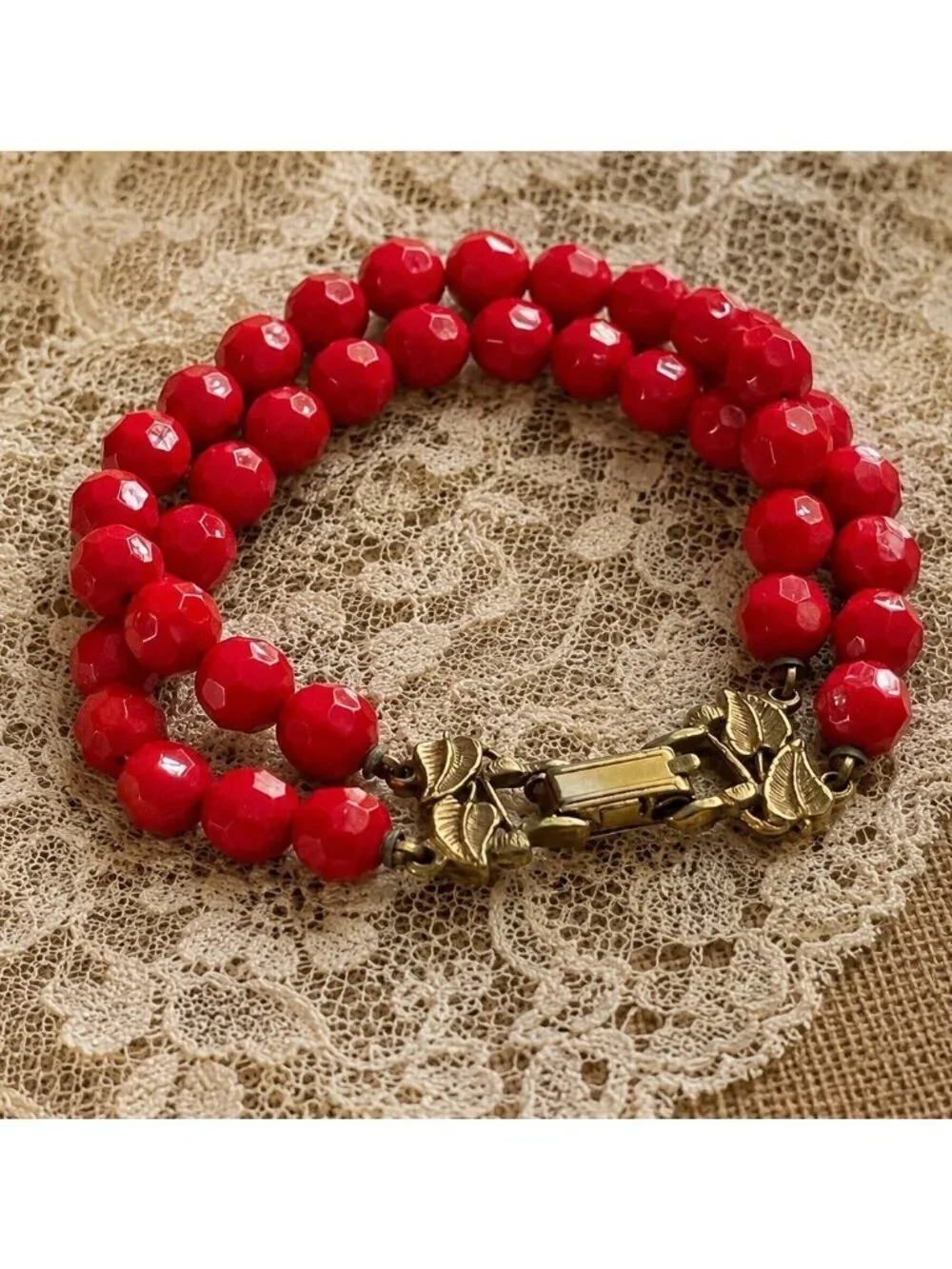 Vintage Red Beaded Double Strand Bracelet Faceted Glass Gold Tone Leaf Clasp